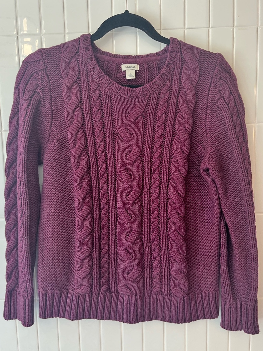 L.L.Bean Cable Knit Sweater Burgundy Wine 100% Cotton Crewneck Fall Womens L